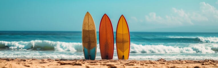A row of colorful surfboards standing upright in the sand on a beach with ocean waves and a clear sky. With copy space for text