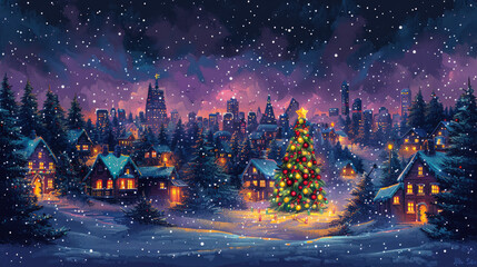Obraz premium Festive Christmas Tree in Snowy Village With City Skyline - Winter Magic