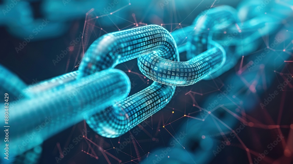 Poster blockchain network visualization with interconnected nodes, decentralized and secure.