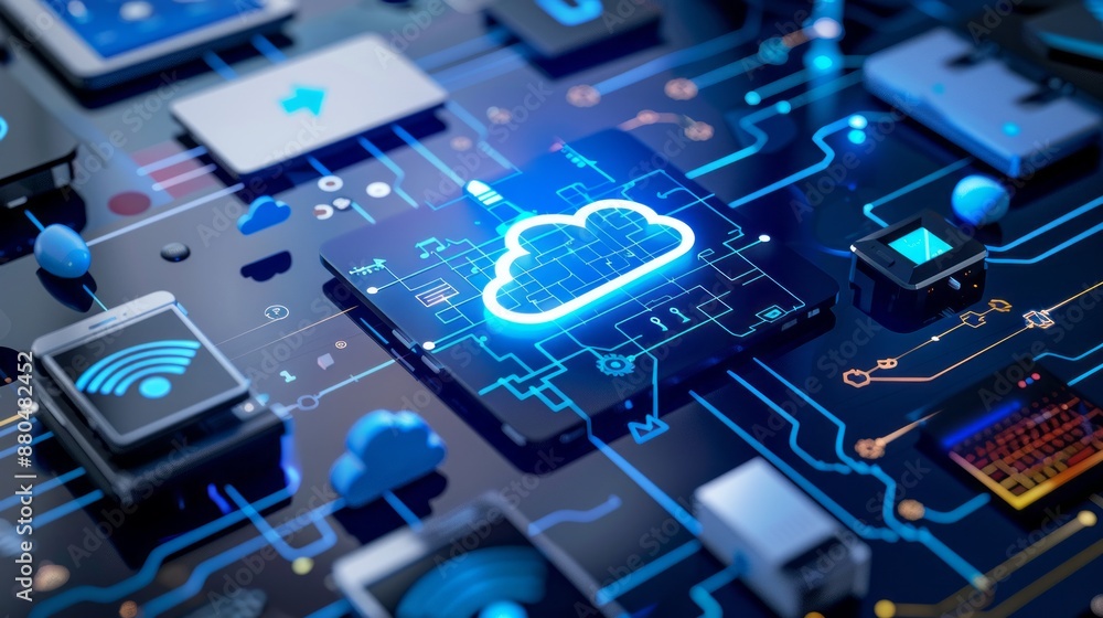 Poster cloud technology and iot devices connected to digital storage in data center via internet - smart ho