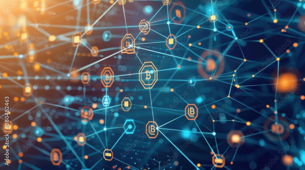 Poster blockchain nodes visualized in a network, interconnected and decentralized.
