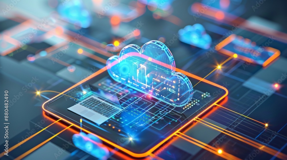 Poster cloud technology and iot devices connected to digital storage in data center via internet - smart ho