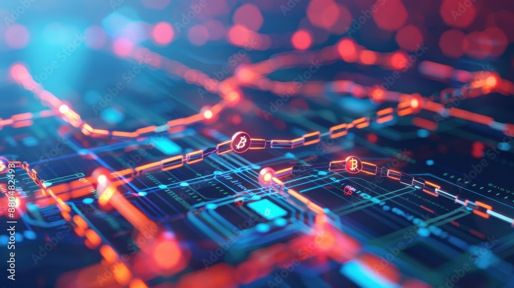 Poster blockchain nodes maintaining network consensus, decentralized and reliable.