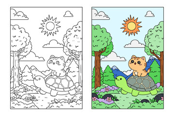 learn to color a cat and a turtle, coloring book, coloring pages for children.