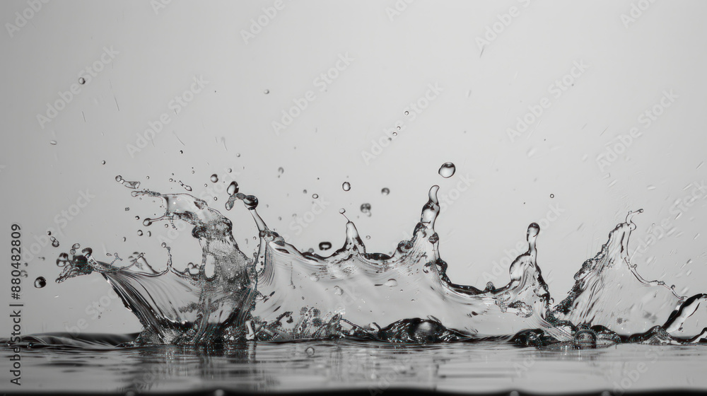 Poster dynamic water splash suspended in mid-air with plain studio background