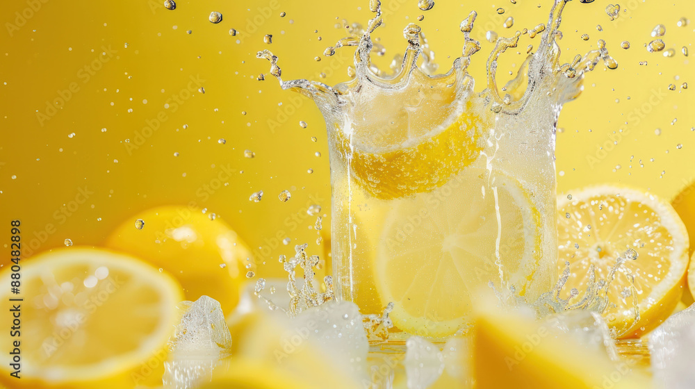 Poster Refreshing Lemonade Splash with Ice Cubes on Studio Background