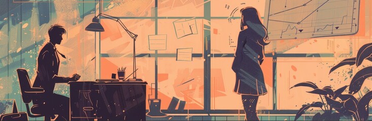 Silhouette of alluring female teacher in skirt uniform stand with male teacher sitting on chair
