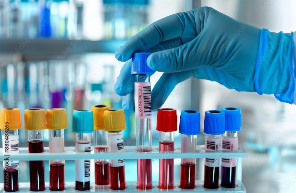Aufkleber taking a blood sample tube from a rack with machines of analysis in the lab background while holding