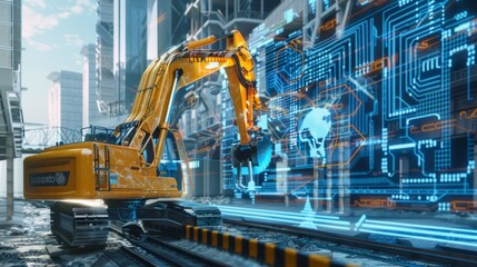 Conceptual representation of futuristic construction industry utilizing artificial intelligence technology with an unmanned excavator operating autonomously