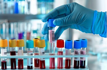 Taking a blood sample tube from a rack with machines of analysis in the lab background while holding a blood tube test in the research laboratory