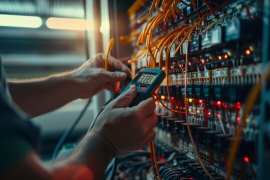 A multimeter tester is used by the electrician in the control panel to measure voltage.