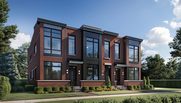 Contemporary duplex with glass facade, modern architecture, and lush greenery in an urban neighborhood. AIG59