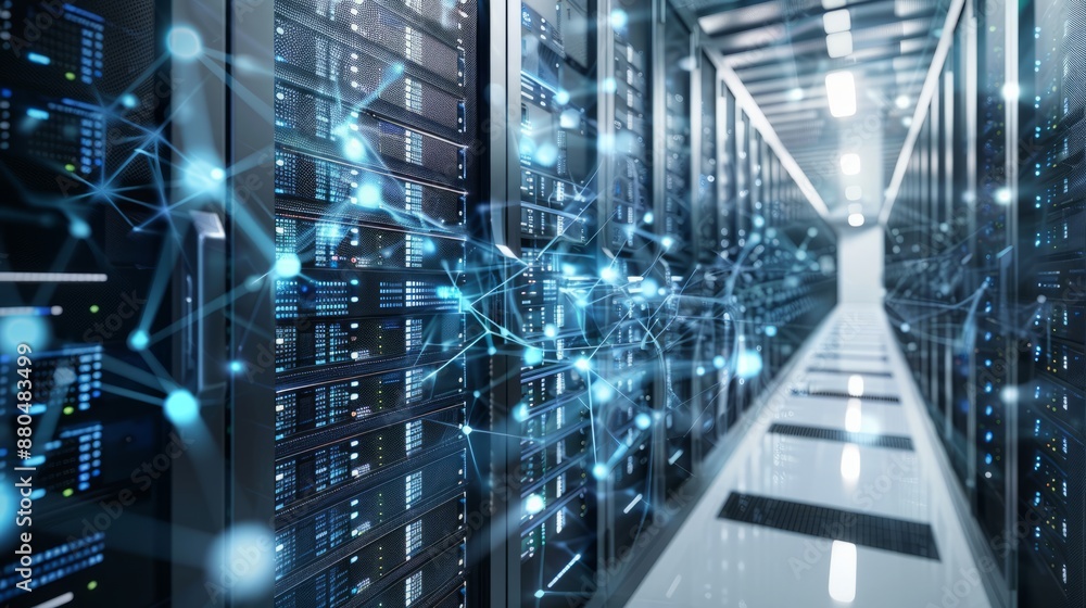 Poster 3d rendering of a high-tech data center room featuring connected network servers and storage systems