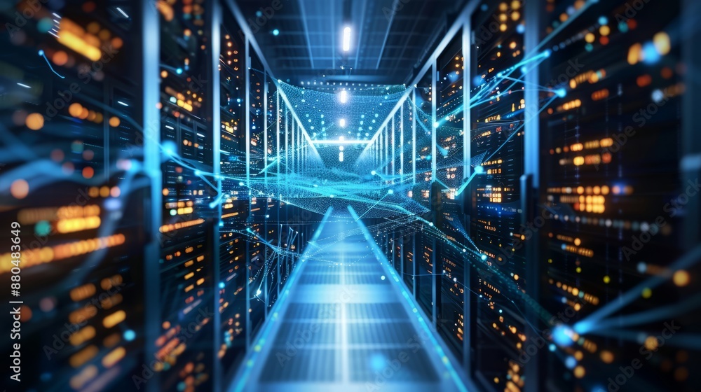 Poster 3d rendering of a high-tech data center room featuring connected network servers and storage systems