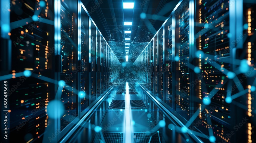 Poster 3d rendering of a high-tech data center room featuring connected network servers and storage systems