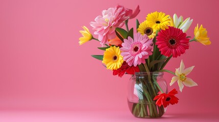 A bouquet of colorful flowers in a glass vase on a pink background.