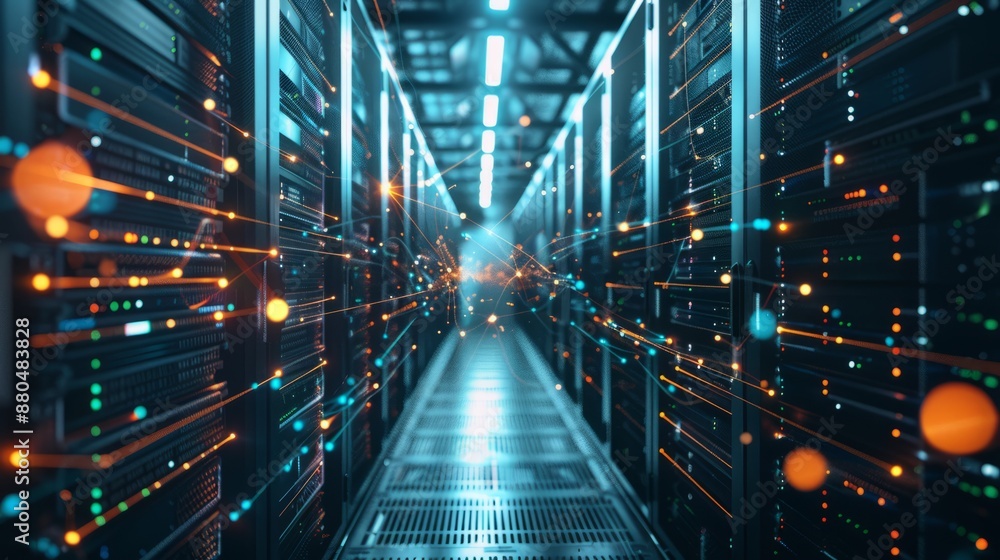 Poster connection network in servers data center room with storage systems – 3d rendering of advanced techn