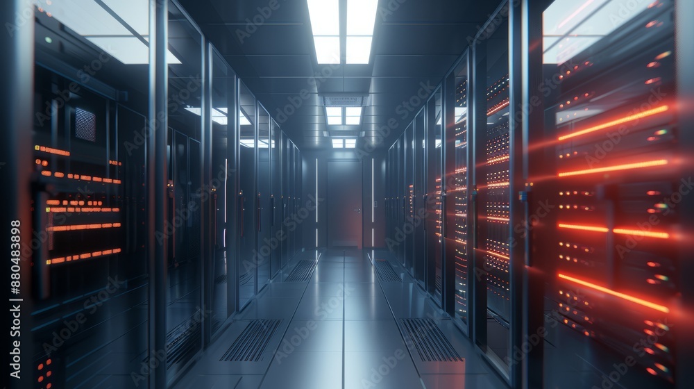Poster connection network in servers data center room with storage systems – 3d rendering of advanced techn