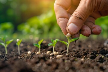 Planting seeds of vegetables in sowing soil metaphorically at a garden in a metaphor for gardening and agriculture.