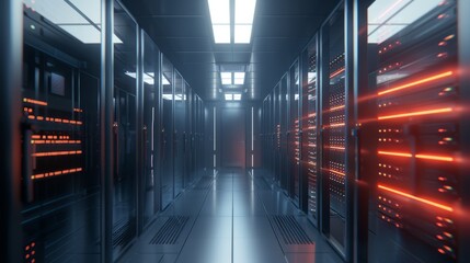 Connection network in servers data center room with storage systems – 3d rendering of advanced technology infrastructure, high-speed data processing, and secure information management in modern cloud 
