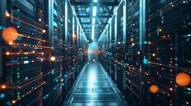 Connection network in servers data center room with storage systems – 3d rendering of advanced technology infrastructure, high-speed data processing, and secure information management in modern cloud 