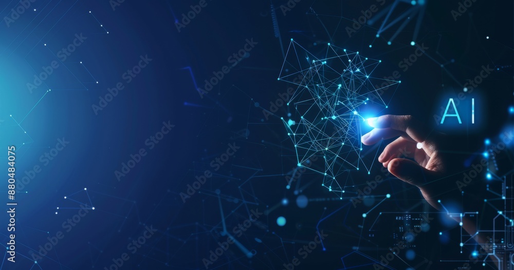 Poster an ai-driven robot and human touching a big data network connection background. science and stock te