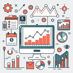 Obraz premium Illustration of digital marketing and sales, website traffic growth with magnifying glass on computer screen showing graphs and icons representing global online market place for advertising.