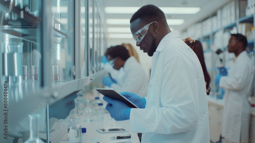 Poster an advanced lab: portrait of latinos and blacks working in the lab with a microscope examining a sam