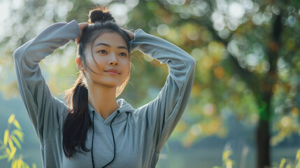 Asian woman in grey workout gear stretching in a lakeside park before a jog. Fit female enjoying outdoor fitness. Wellness being concept.
