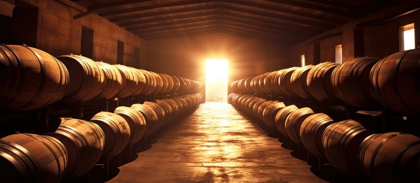 Wine Barrels in a Sunlit Cellar
