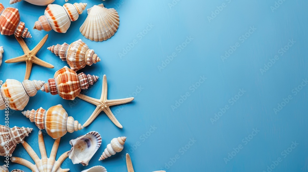 Poster seashells arrangement on blue backdrop with space for text