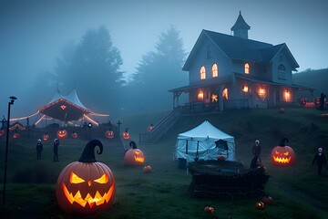 Eerie Halloween night with glowing jack-o'-lanterns, spooky tents, and a haunted house in the fog.