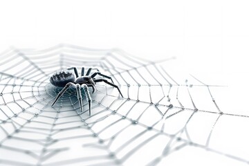 Close-up of a spider on its web adorned with morning dew against a white background.