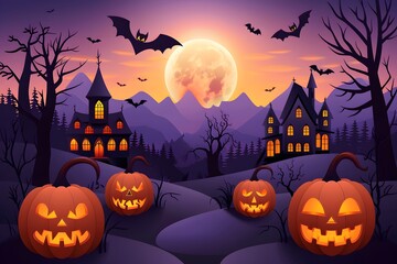 Spooky Halloween night with carved pumpkins, haunted houses, and flying bats under a full moon.