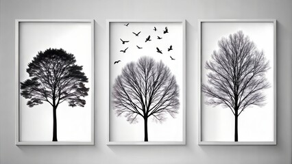 set of three vertical poster, minimalist black shape art tree and bird, isolated on white background