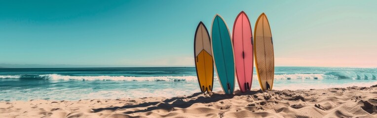 A row of colorful surfboards standing upright in the sand on a beach with ocean waves and a clear sky. With copy space for text