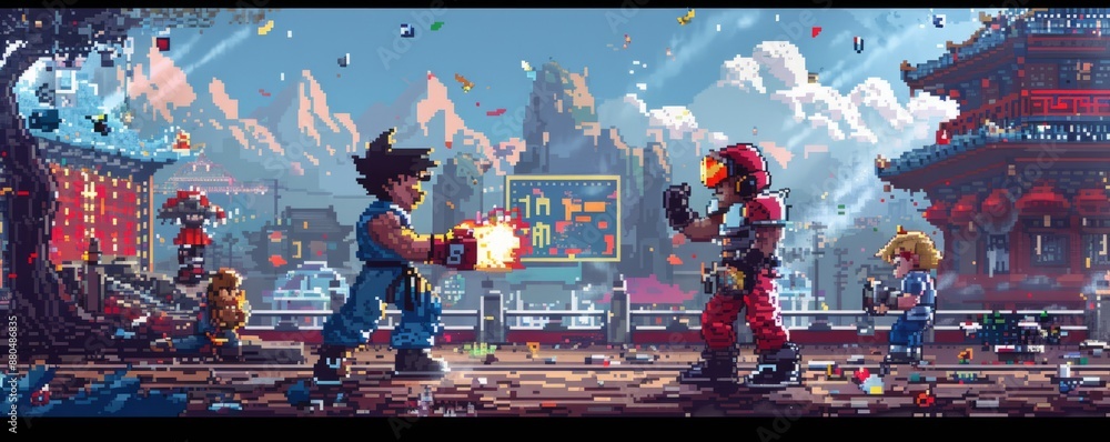 Poster a pixel art rendition of a pixelated video game competition, with pixelated players battling it out 