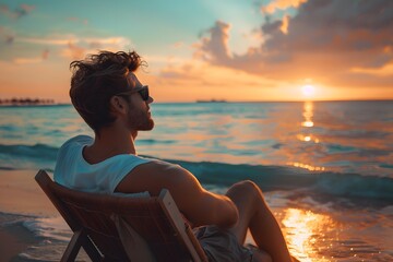 Man Relaxing on a Beach Chair Enjoying a Stunning Sunset Over the Ocean