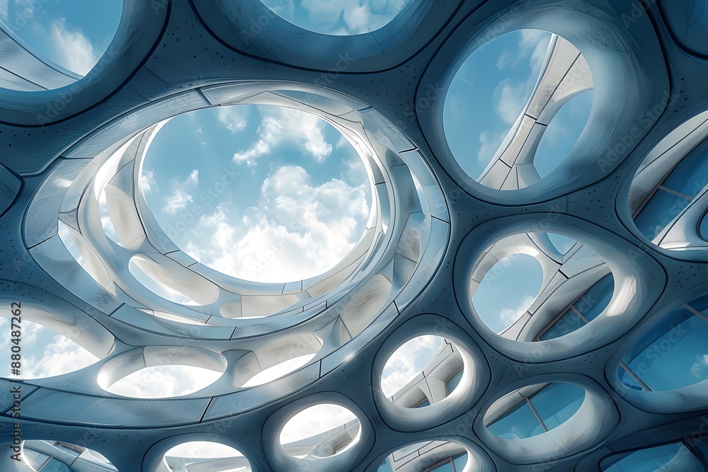 Poster futuristic architectural design with circular openings and sky view