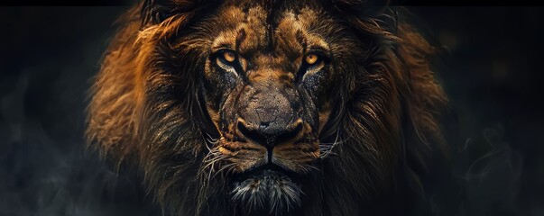 Naklejka premium Majestic lion's face with piercing eyes, flowing mane, and powerful muscles