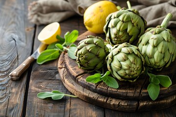 Obraz premium Fresh Artichokes and Lemons on Rustic Wooden Table