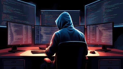 Anonymous hacker in hoodie, decoding lines of code on a monitor, intense and secretive, perfect for widescreen wallpaper.