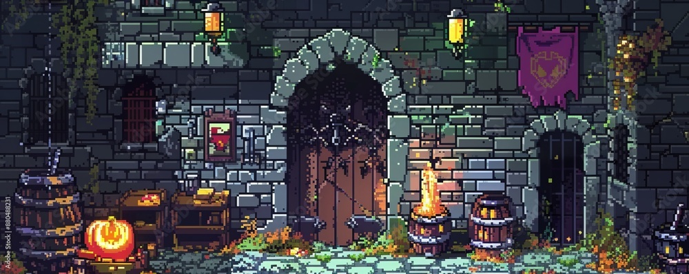 Aufkleber a pixel art rendition of a pixelated dungeon filled with pixelated monsters and pixelated treasure, 