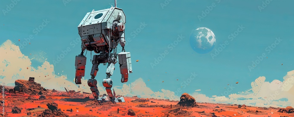 Poster retro-futuristic robot exploring desolate planet with pixelated form