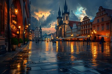 Enchanting Evening in a Historic European Square After Rain