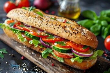 Fresh and Colorful Veggie Sub Sandwich on a Wooden Board