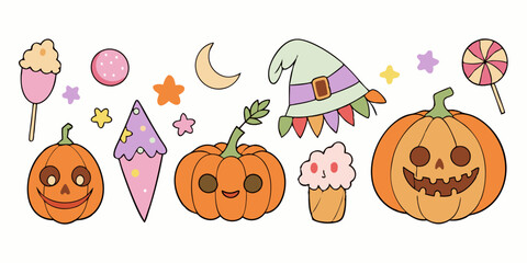 Retro Halloween Vector Art, Clipart, and Sublimation Set | Halloween Elements Icon Illustration