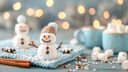 Obraz premium marshmallow snowmen with festive bokeh lights in the background, concept: holiday fun and winter treats, suitable for greeting card businesses and holiday-themed marketing