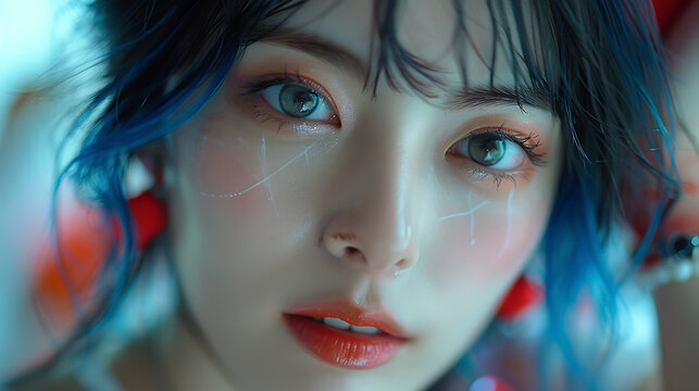 Korean female at a Halloween party wearing a creative costume with writing space on the left