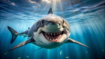 A menacing underwater predator, a powerful great white shark displays a wide, toothy, and intimidatingly fierce smile.